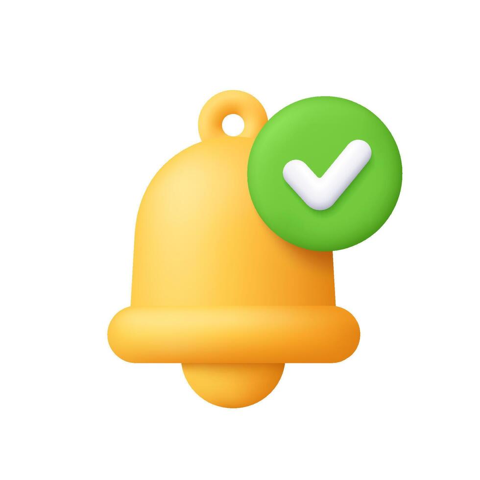 Yellow notification bell with check mark on green circle button. Social media, alert confirmation, successful notification and approval reminder concept. 3d icon. Cartoon minimal style. vector