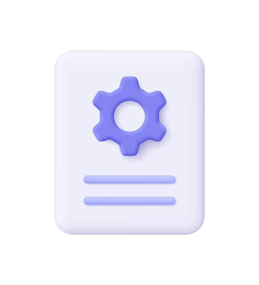 Document file with purple gear. Settings, configuration, technical documentation, system preferences, software management and process optimization concept. 3d icon. Cartoon minimal style. vector