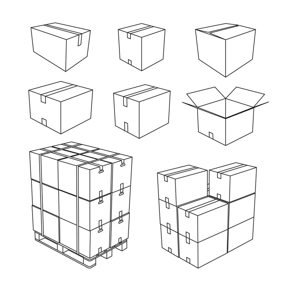 Cardboard box lines, various sizes of parcels, both closed and open lids, many boxes can be arranged on a pallet. vector