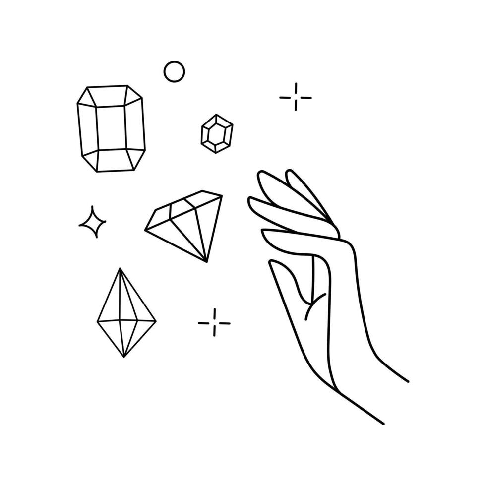 Mystical and esoteric cards in trendy minimal lineart style. in boho style hands and mystical objects vector