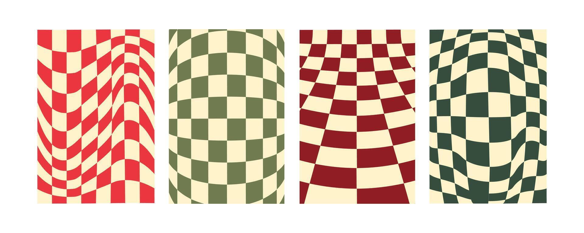 Set of checkerboard backgrounds in Christmas colors. Groovy hippie chessboard holiday pattern. Retro 60s 70s psychedelic design. Gingham wallpaper collection for print templates or textile. vector