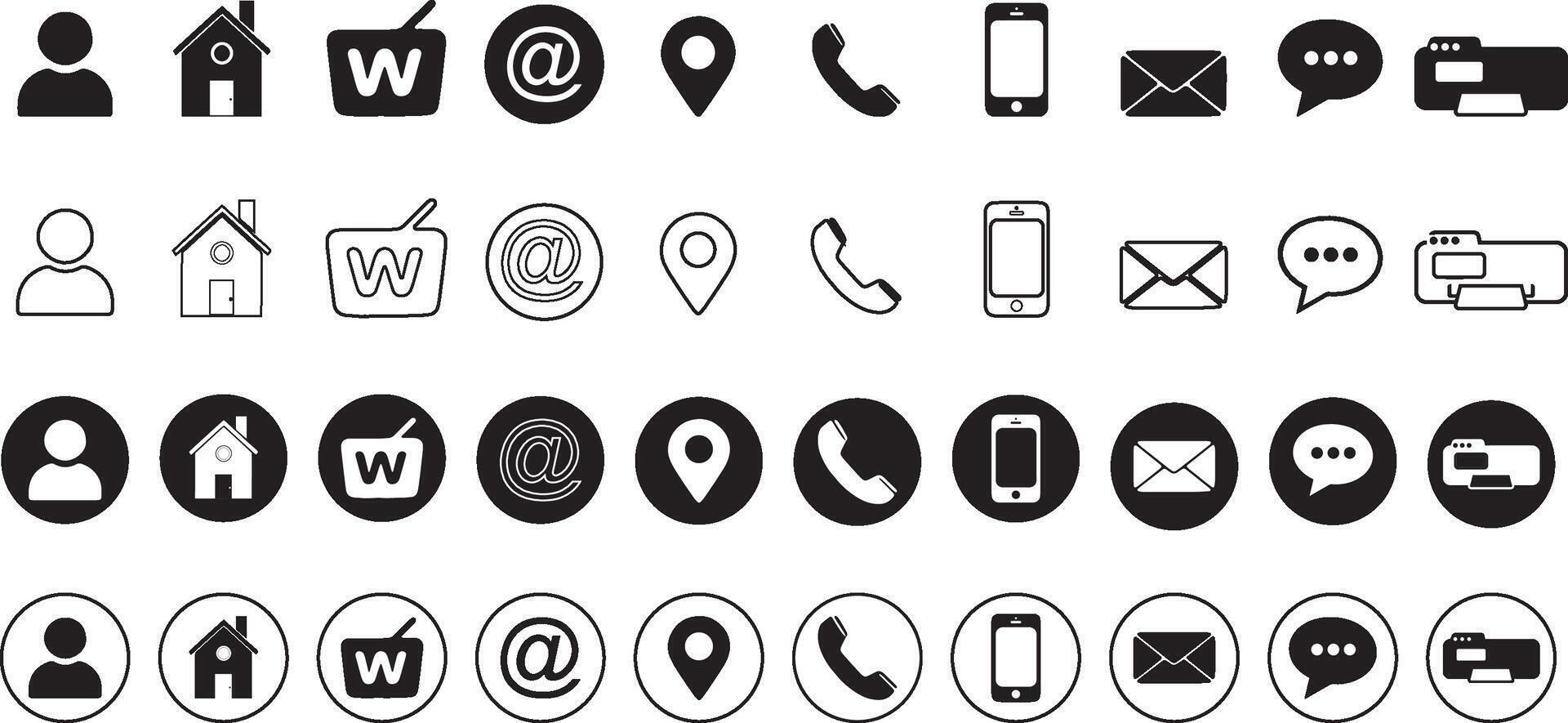 Contact Information Icon Set - Address, Phone, Email, Location Pin, Chat, and User Profile Glyphs in Various Styles vector