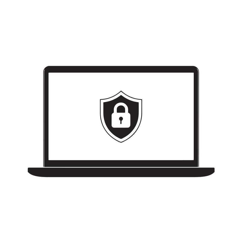 Cybersecurity and Data Protection Concept - Laptop Screen with Shield and Padlock Icon for Digital Security Graphic vector