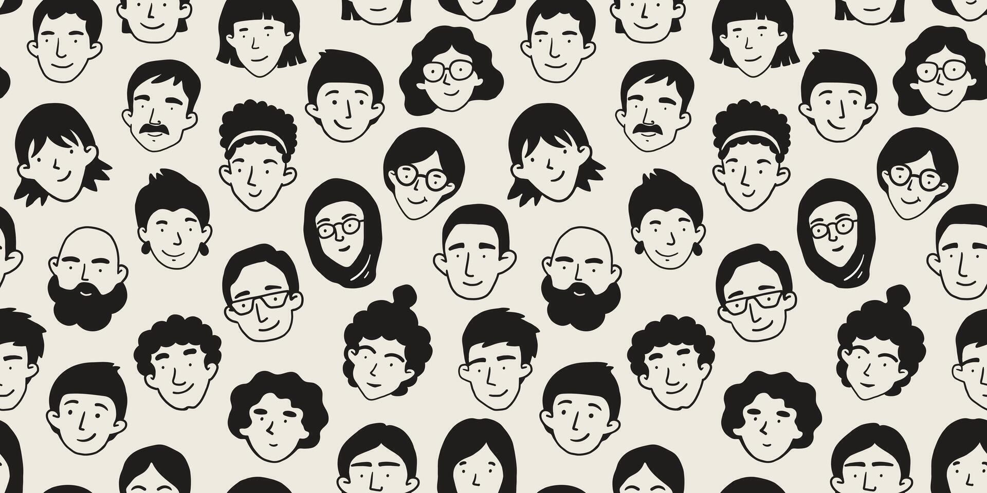 Pattern of diverse illustrated faces. vector