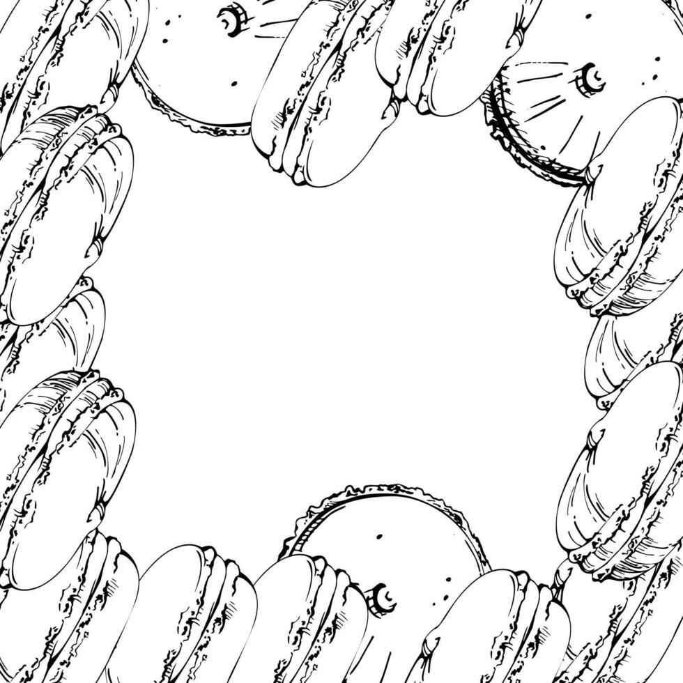 Cream-filled whoopie pies in a neat row, French macarons and puffy donut buns. Isolated illustration hand drawn in ink. Dessert label borders, event menu edging, buffet invite corners. vector