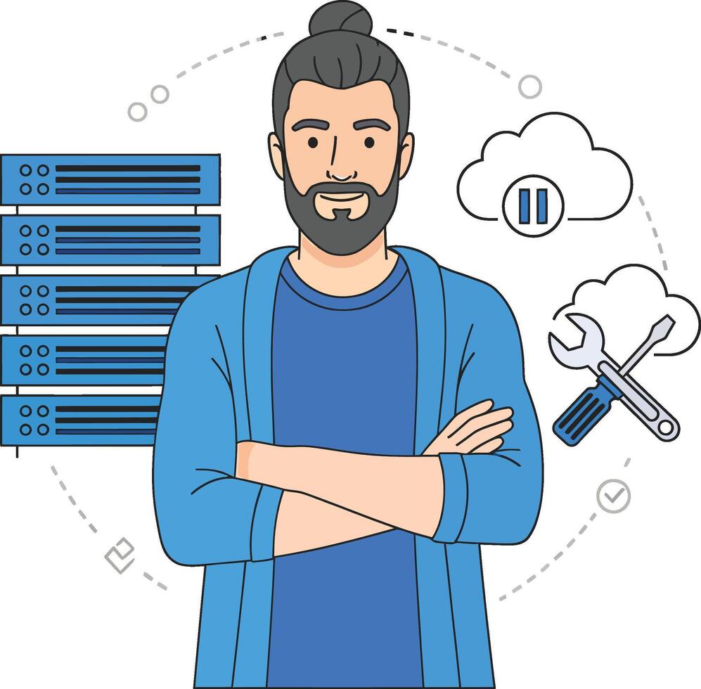 It professional with server racks, cloud computing, data management, network infrastructure support vector