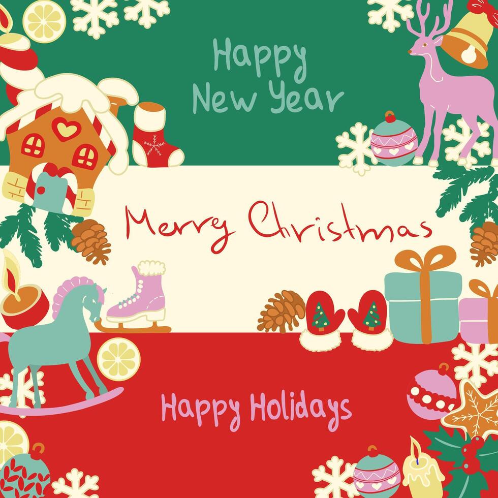 A modern flat design holiday card on a festive green, cream and red background. Features merry Christmas and happy new year lettering with classic seasonal objects. vector