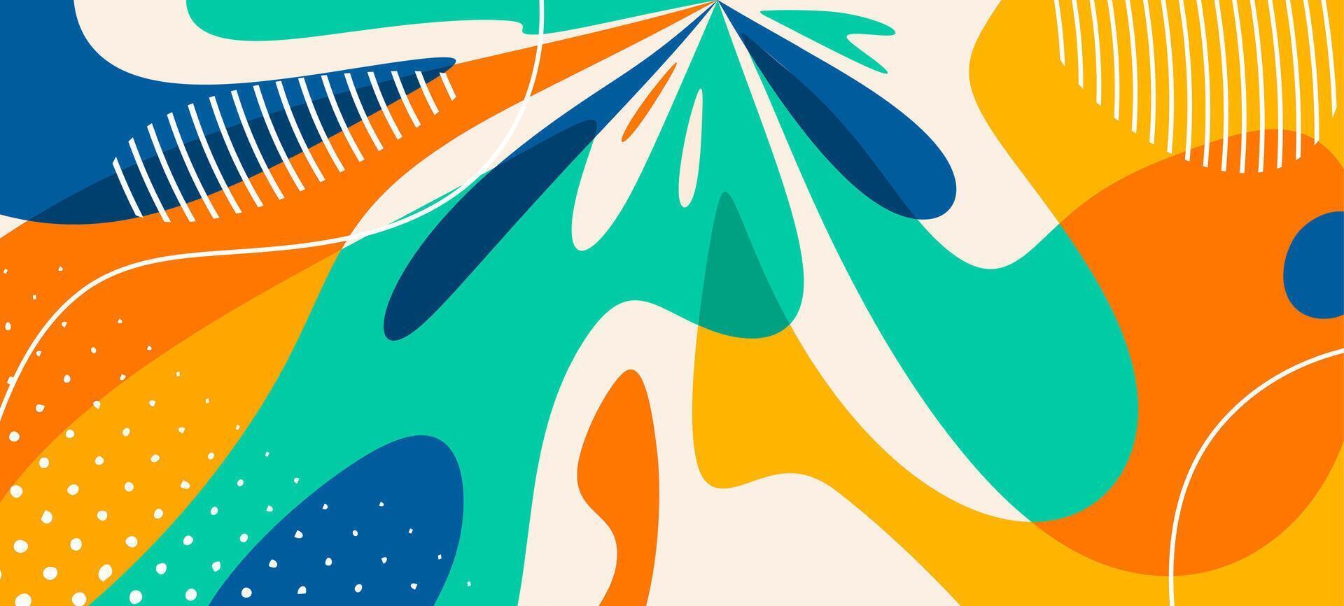 Vibrant Abstract Flowing Background. Dynamic modern banner with smooth, organic liquid shapes in bright teal, orange, navy, and yellow. Trendy graphic design for web vector