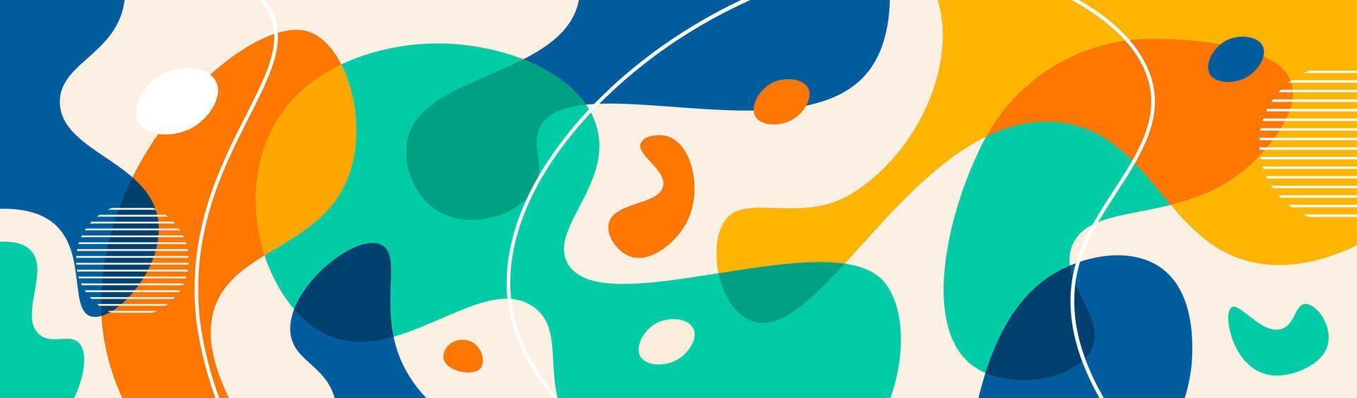 Vibrant Abstract Flowing Background. Dynamic modern banner with smooth, organic liquid shapes in bright teal, orange, navy, and yellow. Trendy graphic design for web or presentation vector