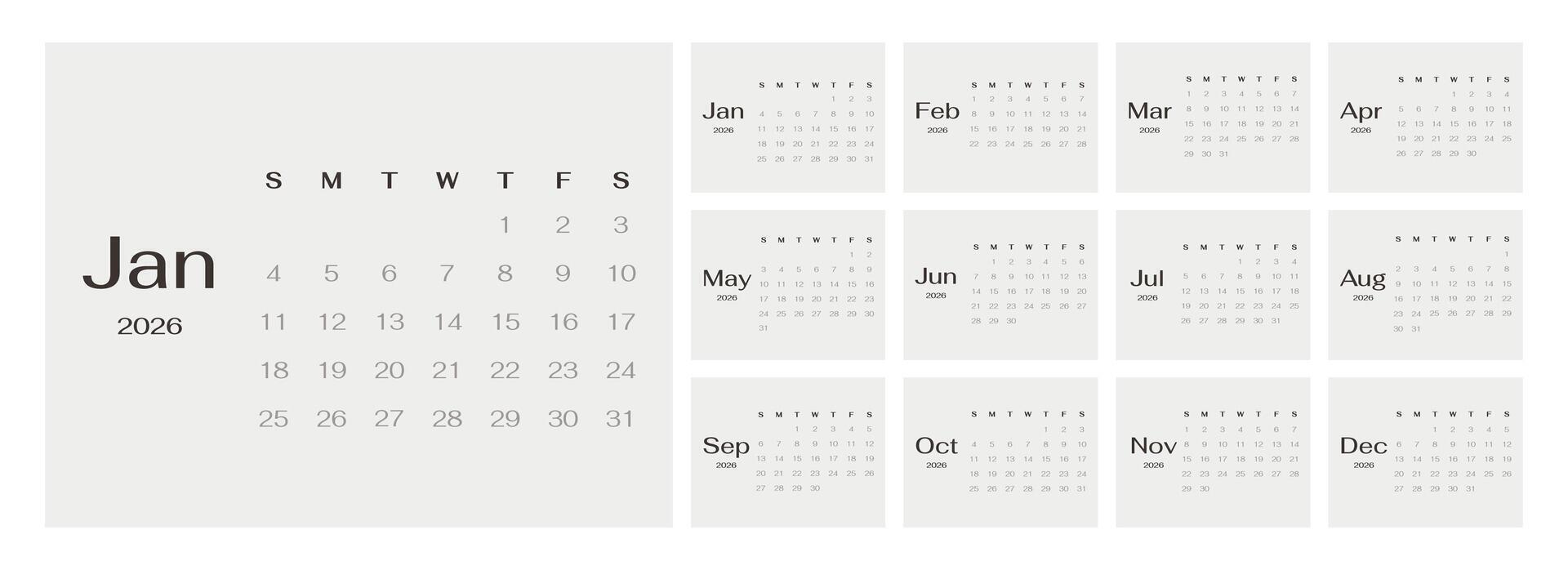 Minimalist Calendar 2026 set of template monthly horizontal pages week start on Sunday. vector
