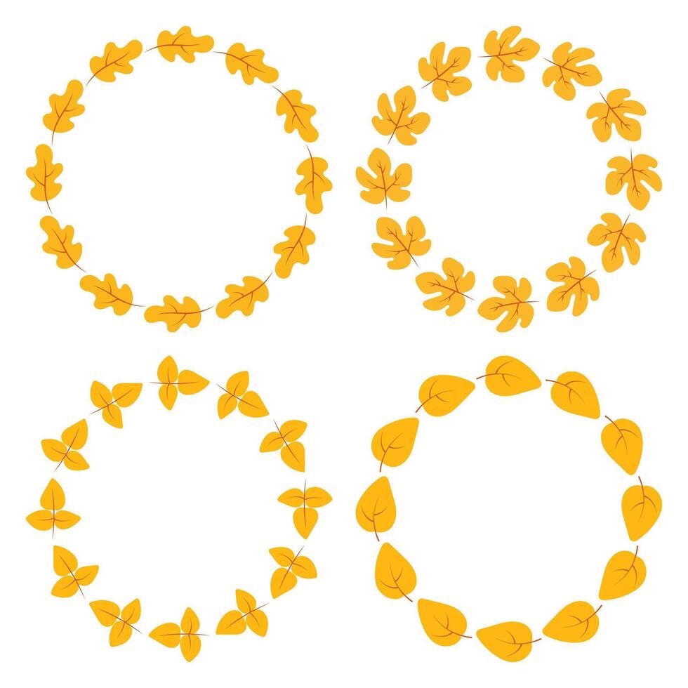 Set of simple autumn leaves wreath isolated on white background. Oak leaf, maple leaf. Fall round border. Circle frame. Perfect for greeting card, invitation and so on vector