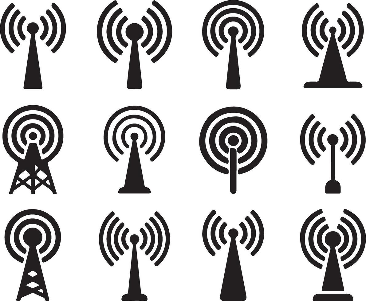 Antenna Transmitter Signal Communication Broadcast Network Connection Tower Icon Silhouette. vector