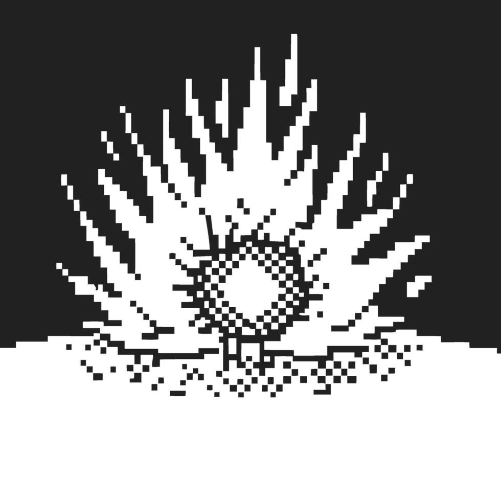 Explosion in retro pixel art black and white digital blast with radial lines, energy burst effect, minimalistic illustration vector