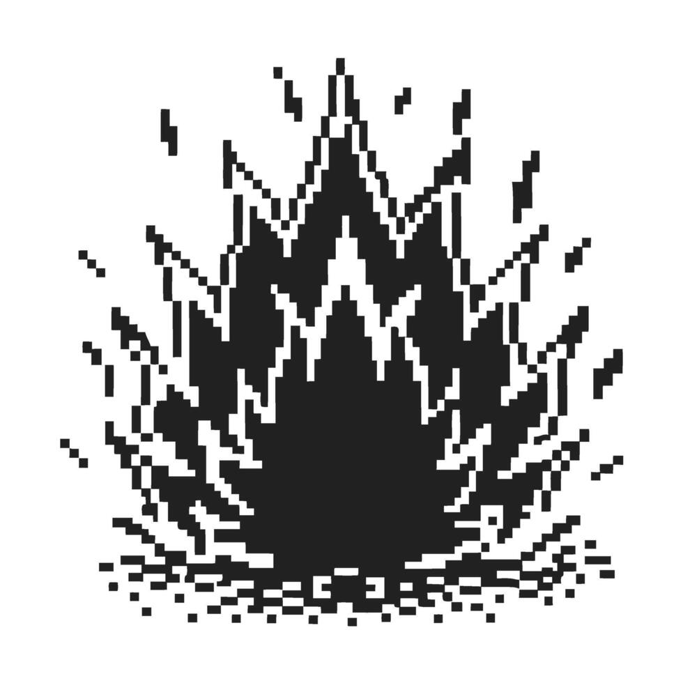 Pixel explosion abstract icon retro black and white digital blast effect 8 bit game fiery burst, shattered destruction motif vector