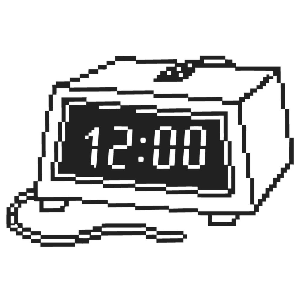 Retro digital alarm clock showing twelve o'clock in pixel art vintage electronic timepiece illustration, monochrome display vector