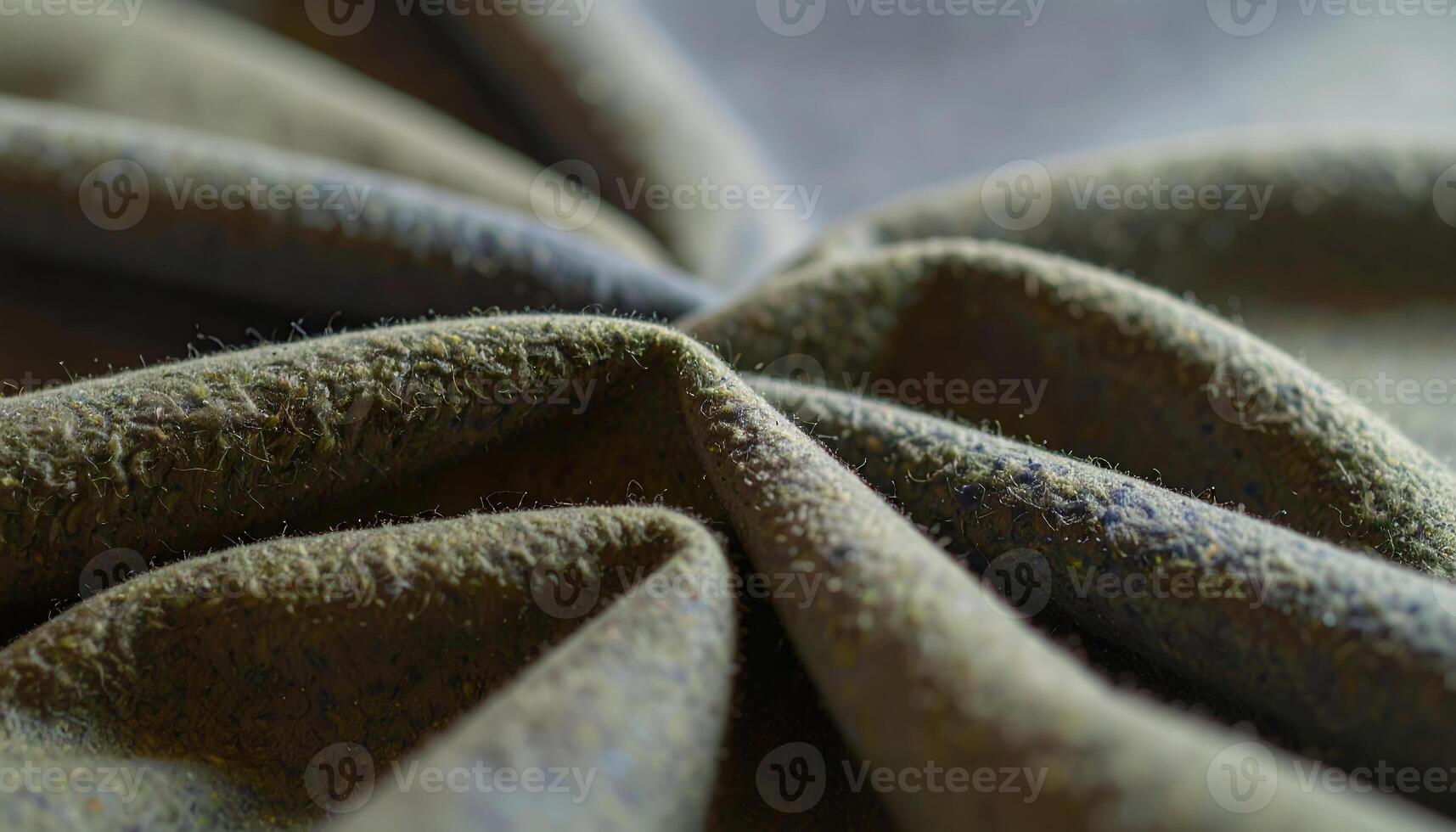 Close-up of Textured Olive Green Fabric with Visible Fibers and Folds, Abstract Textile Pattern. photo