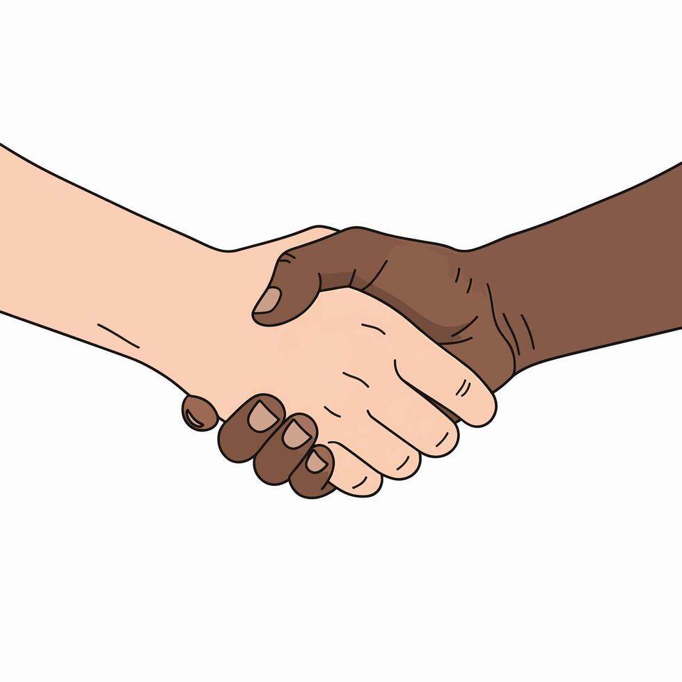 Two hands of different skin tones shaking in a gesture of unity and partnership vector