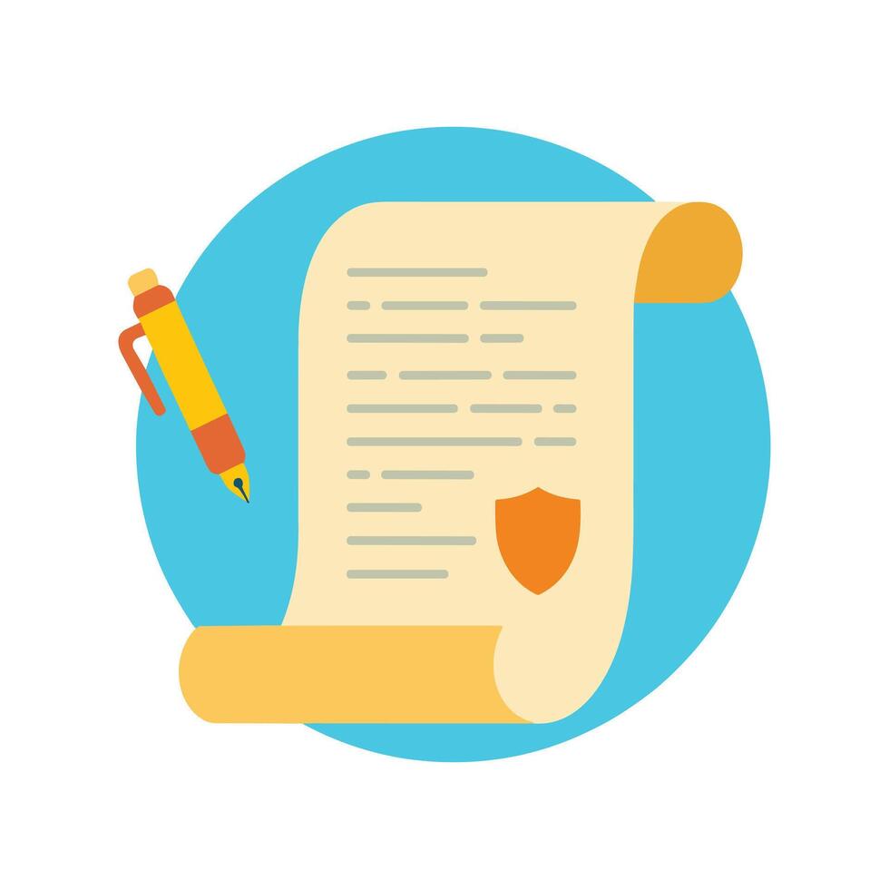 Scroll Document with Shield Symbol and Pen for Signing. vector