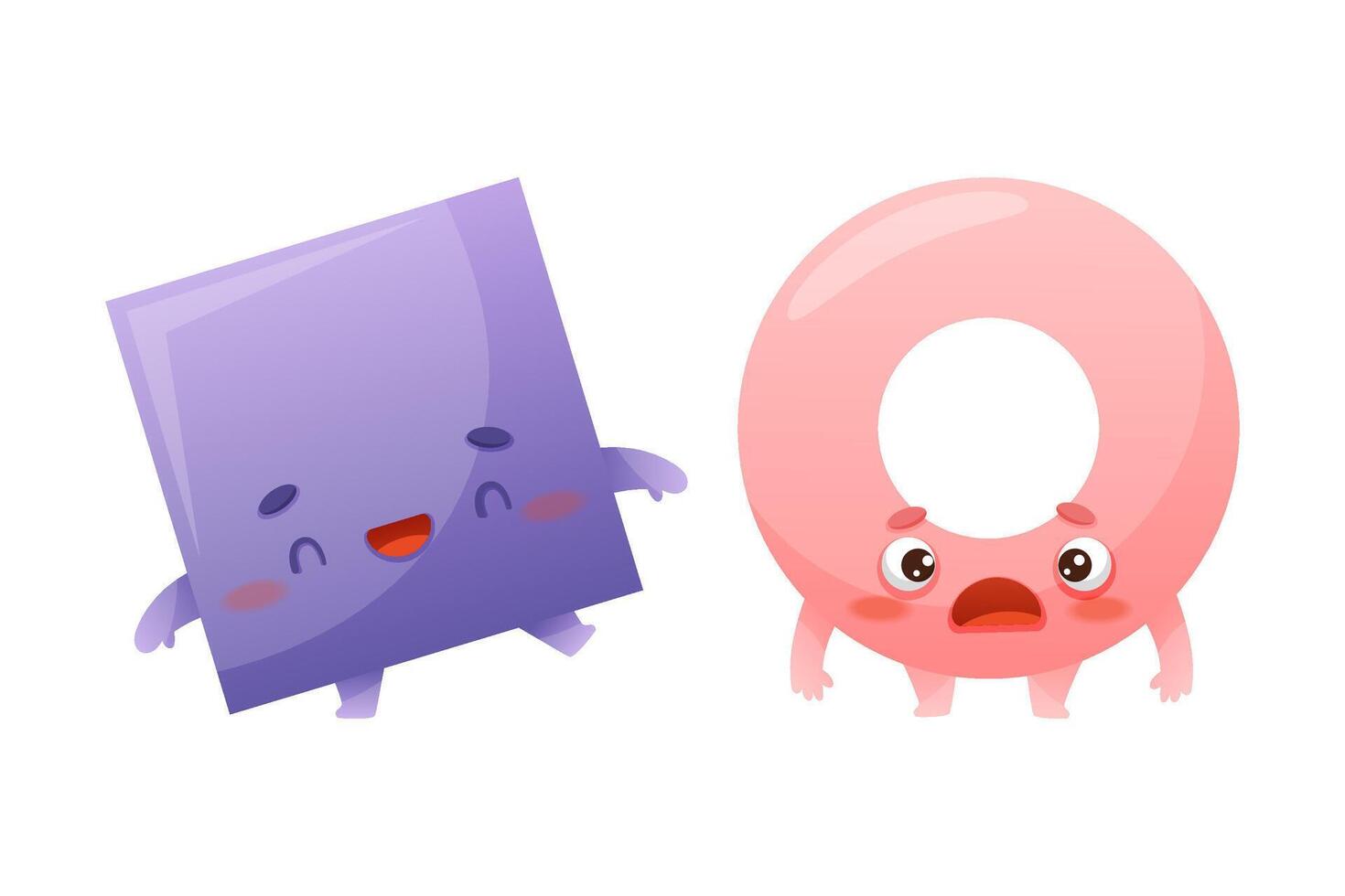 Funny Square and Torus as Geometric Shape Character with Happy and Scared Face Expression Set vector