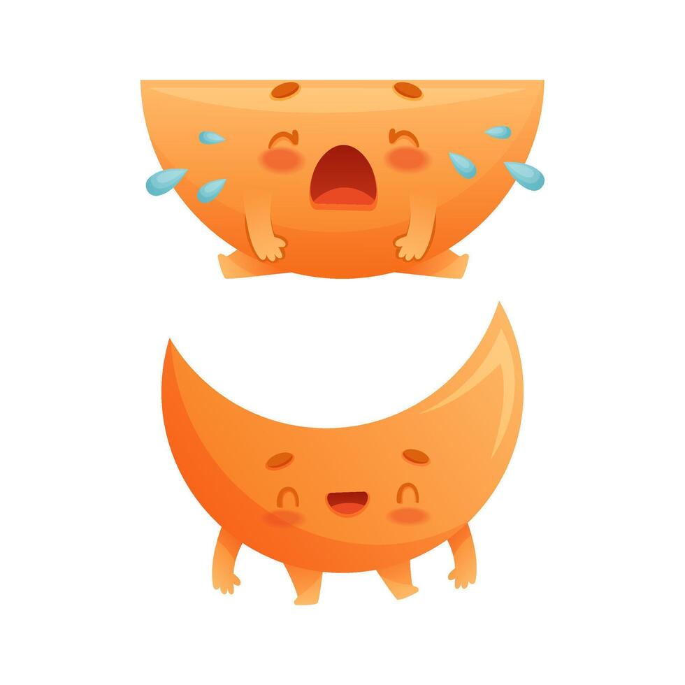Funny Crescent and Semicircle as Geometric Shape Character Crying and Smiling Set vector