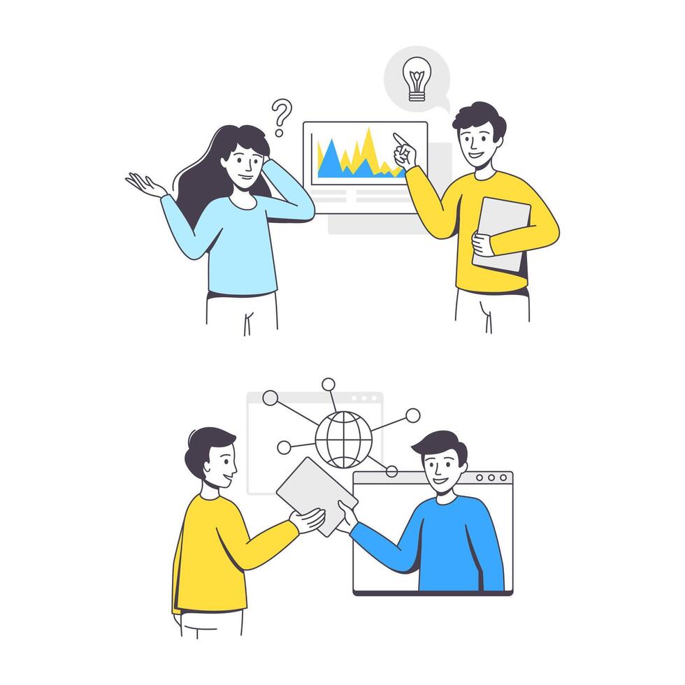 Business Project with Man and Woman Character with Lightbulb and Web Page Working with Startup Outline Set vector