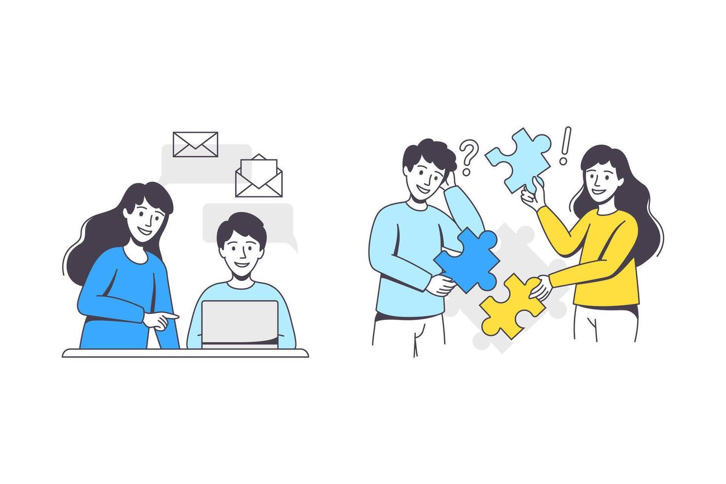 Business Project with Man and Woman Character with Laptop and Jigsaw Puzzle Working with Startup Outline Set vector