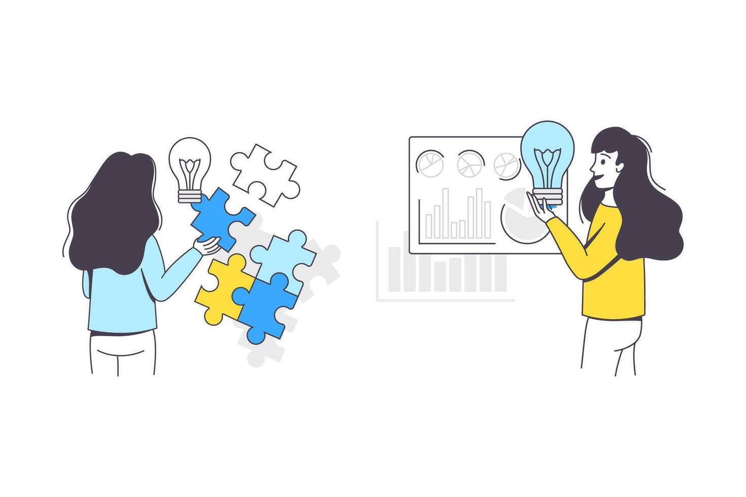 Business Project with Woman Character with Jigsaw Puzzle and Lightbulb Working with Startup Outline Set vector