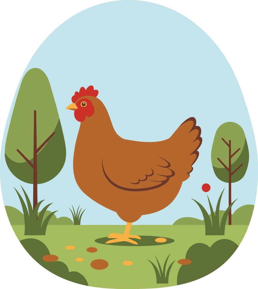 A chicken standing in the grass with trees and bushes vector