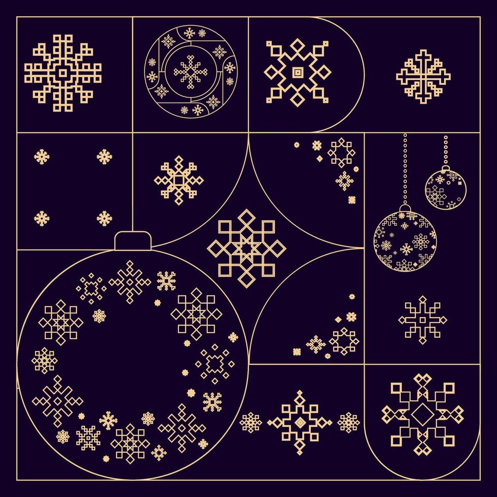 Minimalist geometric Christmas pattern with line gold snowflakes and ornaments on a dark background for web design, packaging, greeting, textiles, prints, wallpaper, branding, digital projects. vector