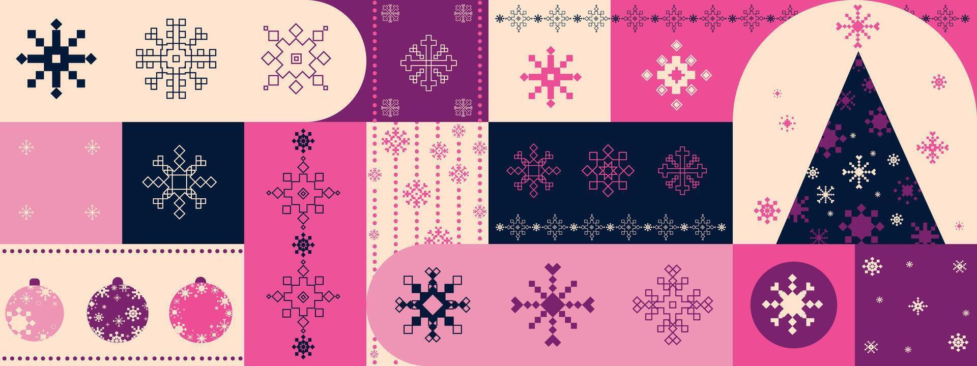 Abstract geometric Merry Christmas and Happy New Year pattern banner in patchwork style in pink, beige, and navy colors for packaging, web design, greeting cards, fabric prints. illustration vector