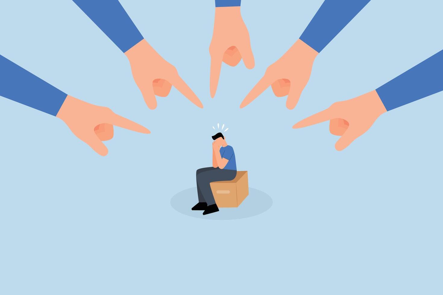 Toxic work, enormous manager fingers indicating and accusing a troubled employee vector