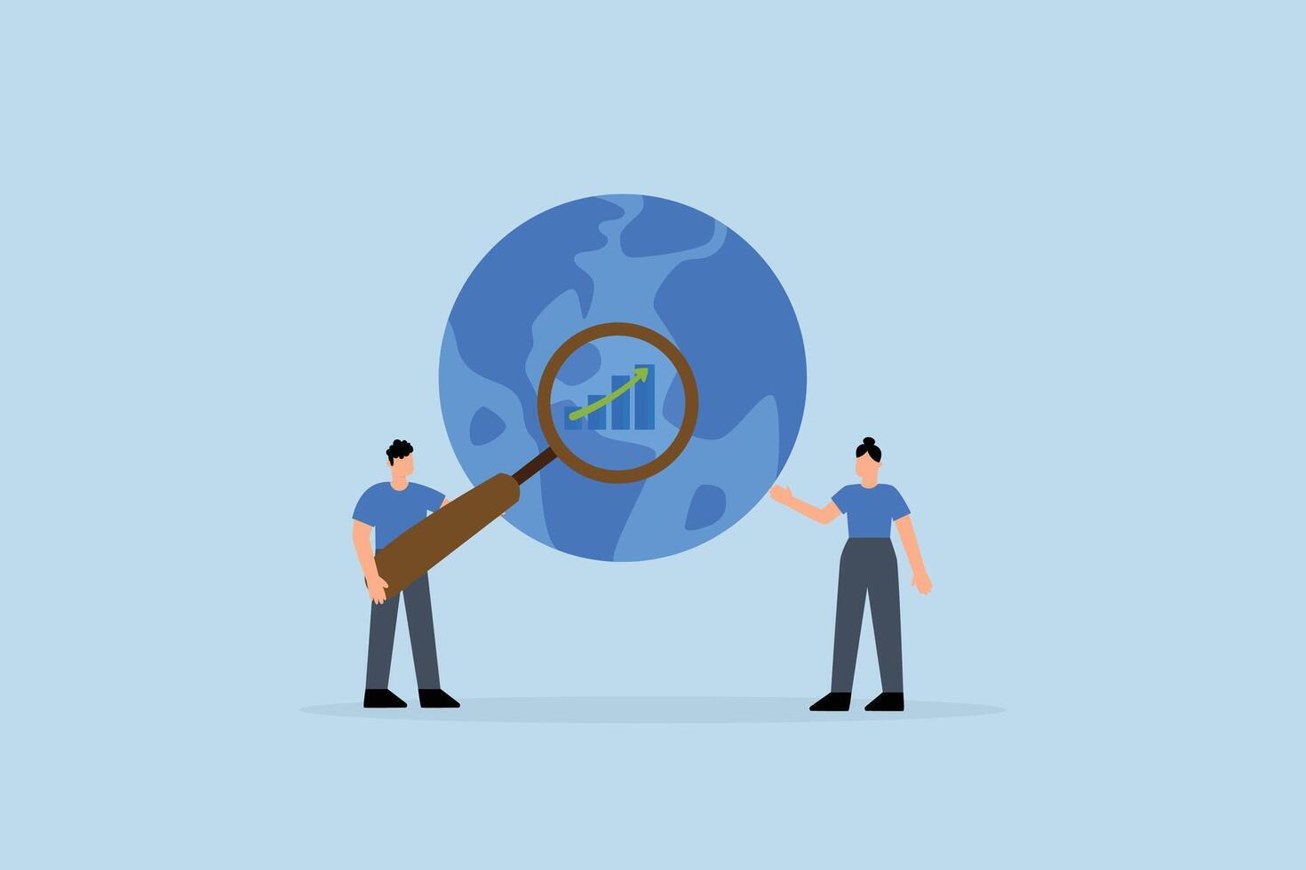 World economic analysis, entrepreneur using magnifying glass on globe alongside chart and graph vector