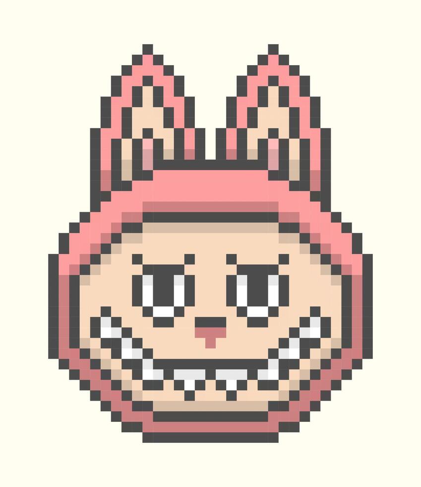 Smiling Pixel Art Face with Pink Ears and sharp teeth. illustration of toothy character in 8 Bit Style. vector