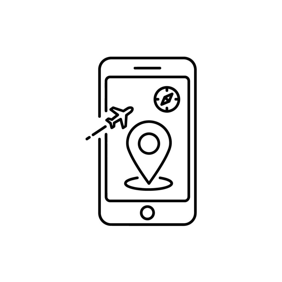 Mobile Travel App with Plane, Compass, and Location Pin on Transparent Background in Outline vector