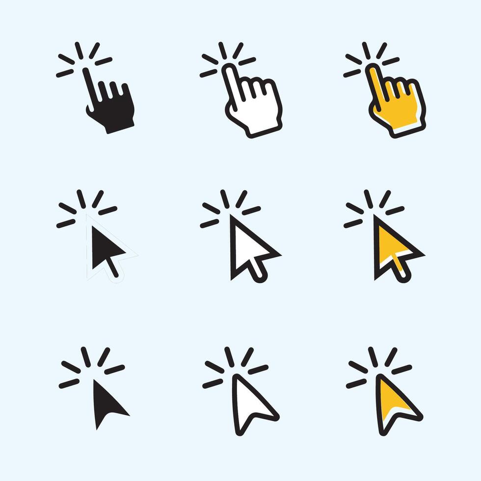 computadora ratón cursor clics flecha mano icono conjunto negro, amarillo y blanco vector