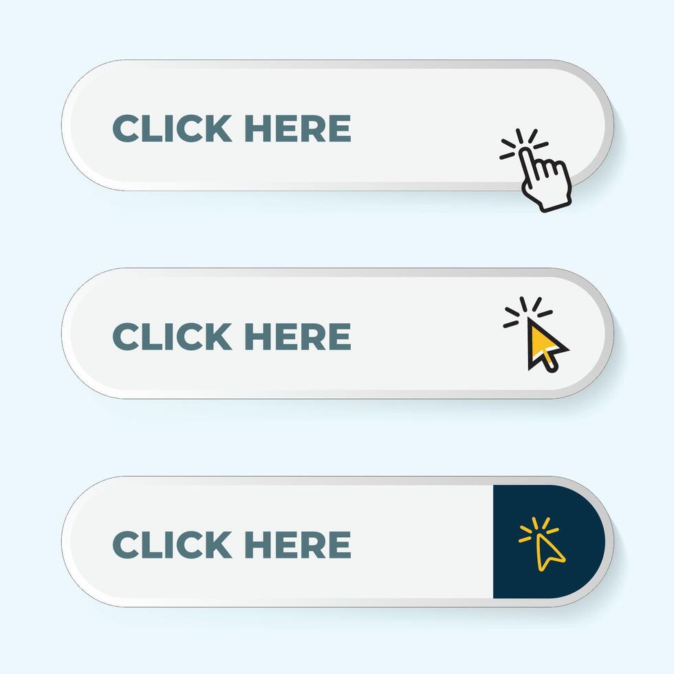 Click Here Button with pointer clicking. Web button set. Click button. Clicking the icon vector