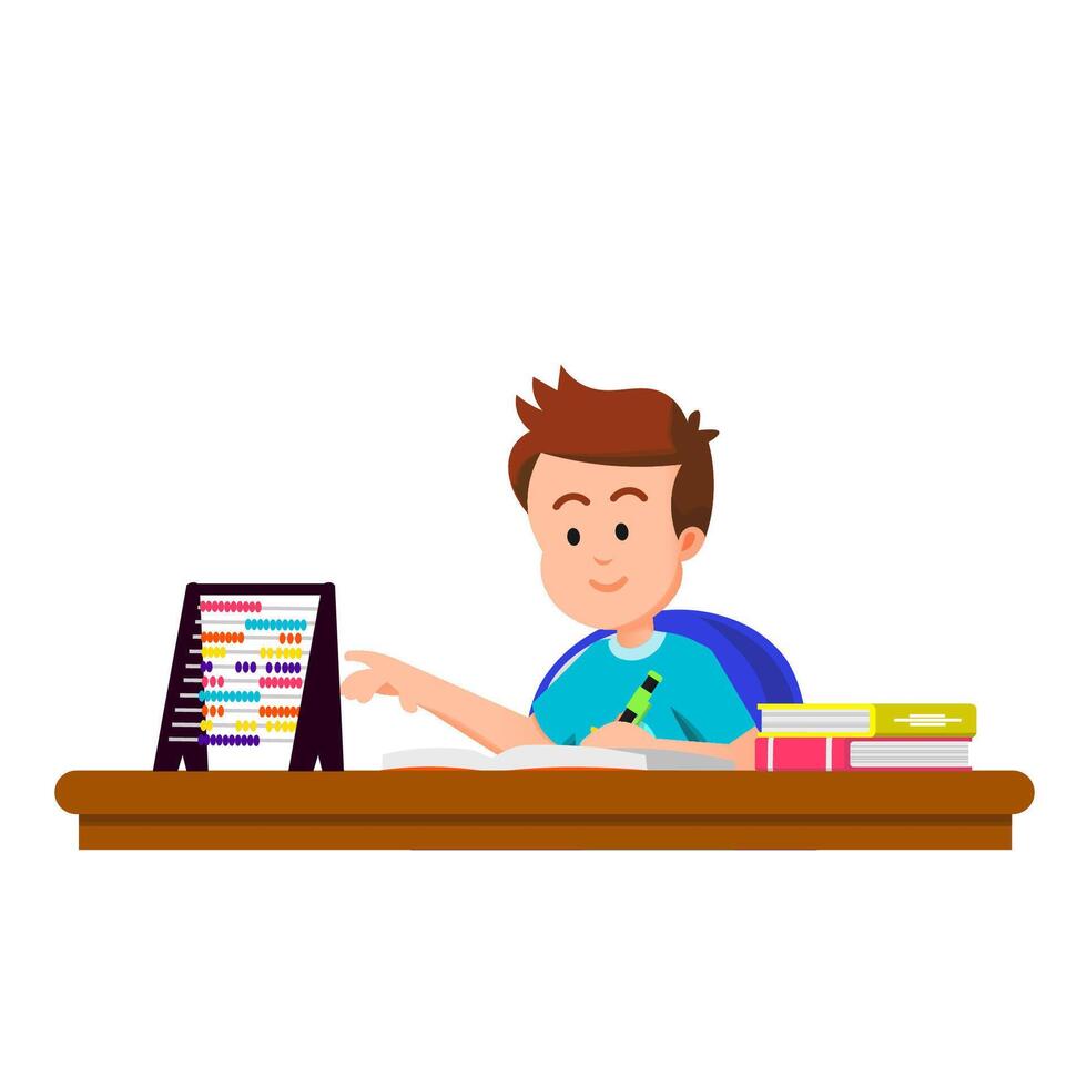 a boy learns math and counting using an abacus vector