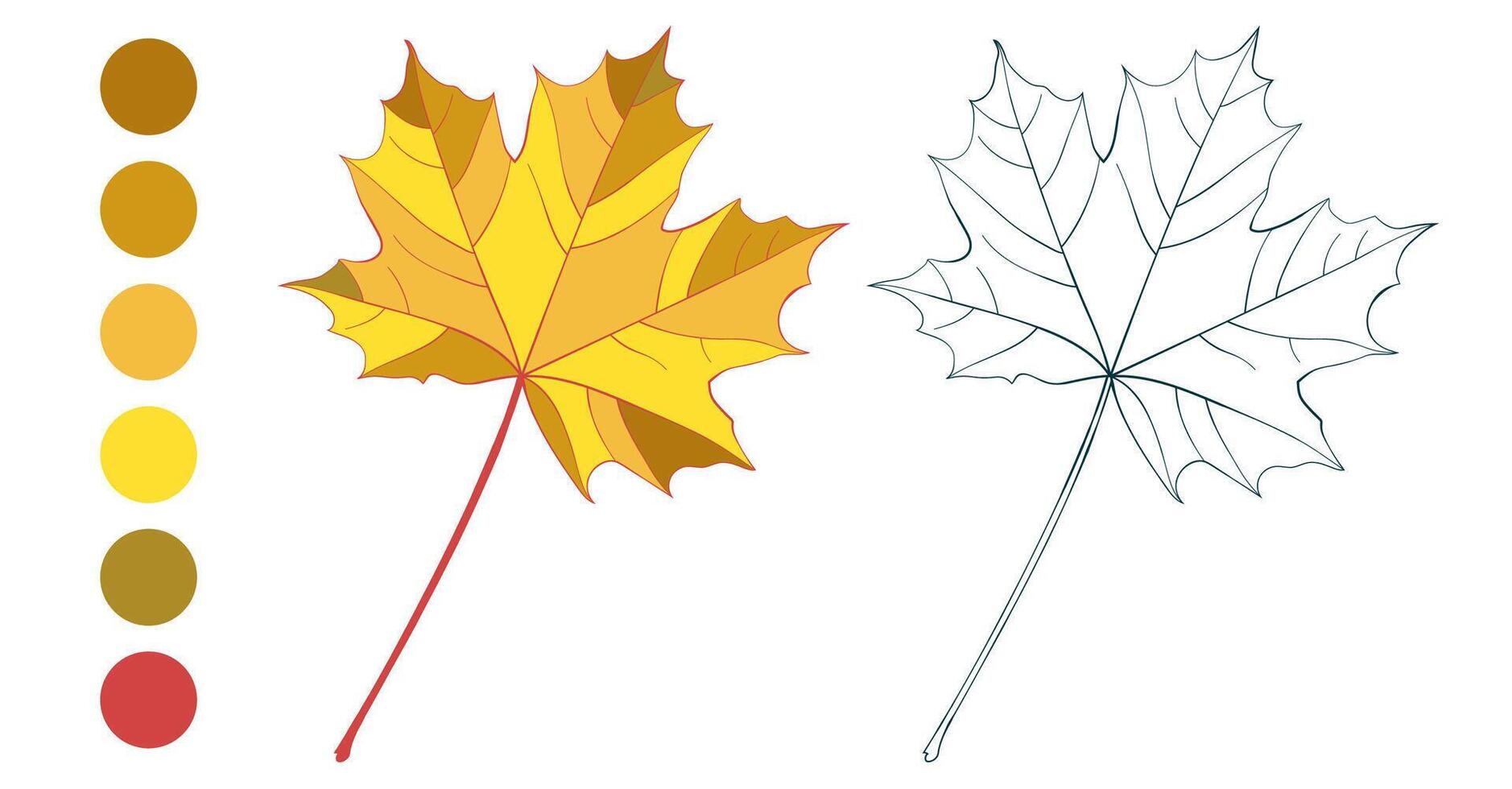 Set of hand-drawn gold colored maple autumn leaves and fall color palette isolated on white background. Flat and line styles illustrations. vector