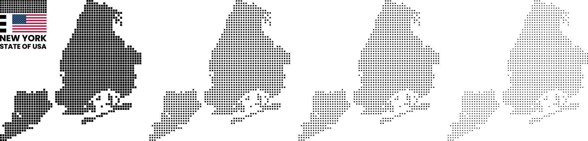 New York geometric digital square dot pattern map. New York city square shape global map. US flag with square shape pattern infographic map. New York USA flag square pattern map silhouette vector