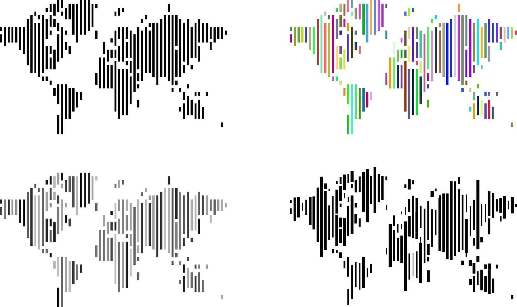 Mega set of Digital global world map in modern vertical line pattern shape art in different style. A vertical line word map for a global perspective for international travel and modern vector