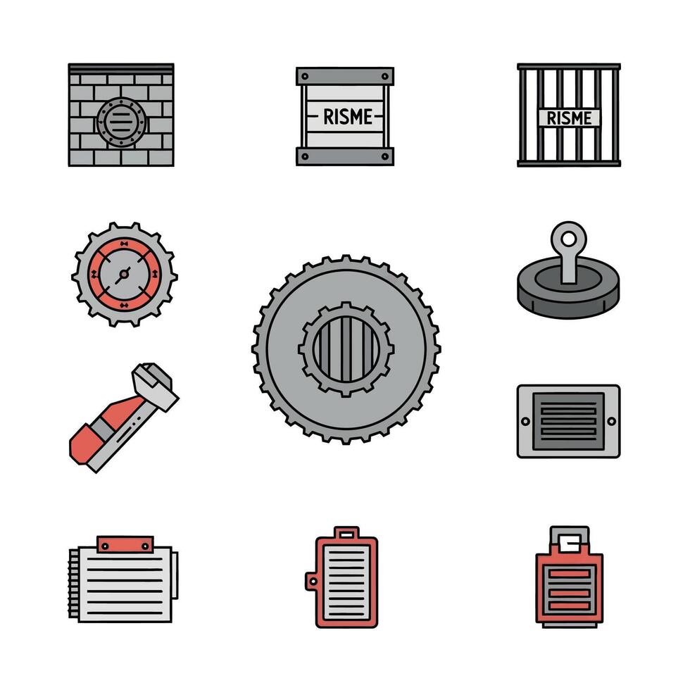 A diverse collection of modern flat design icons, featuring outlined graphic elements representing industrial, construction, tool, and office themes for digital use vector