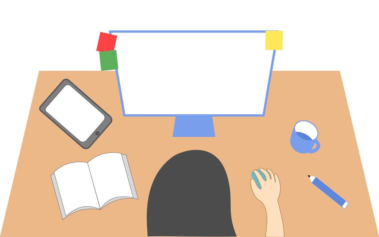 top View Work Desk Clipart, Person Working with Computer, Book, and Tablet vector