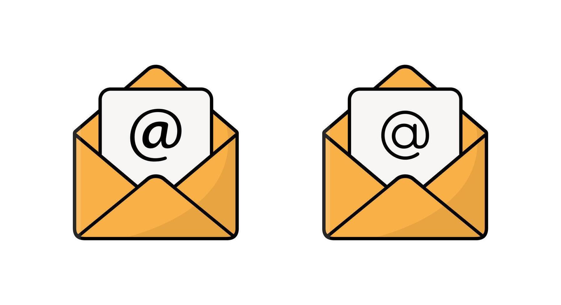 Email icon in flat design. Open envelope with mention symbol for message and mail vector
