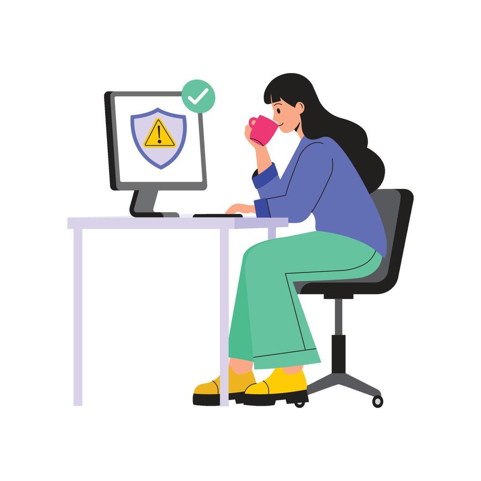 Woman at computer with security indication vector