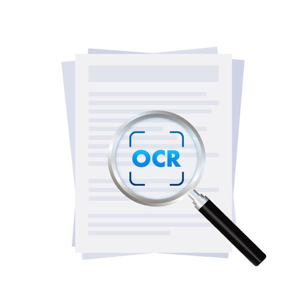 Document with OCR magnifying glass for text recognition vector