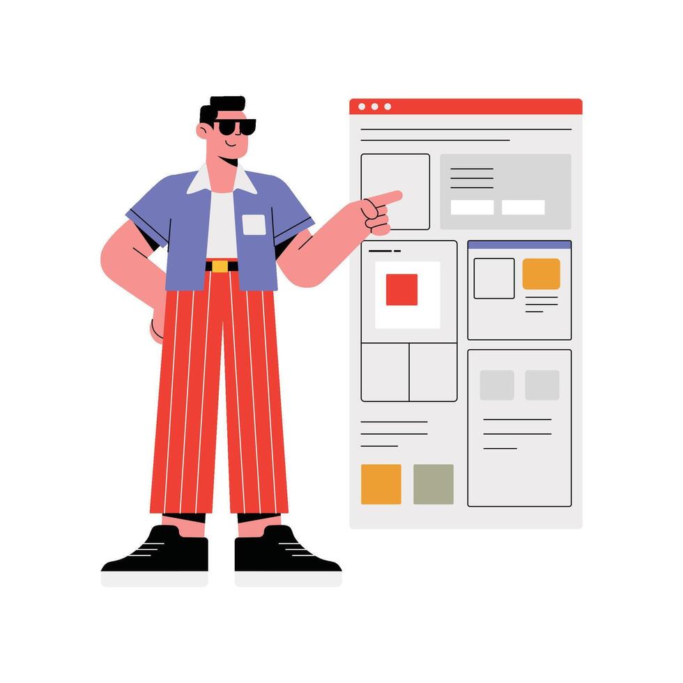 Character pointing at interface design vector