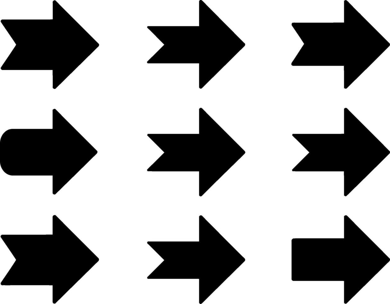 Collection of nine distinct black arrow graphics pointing rightward for navigation and directional design vector