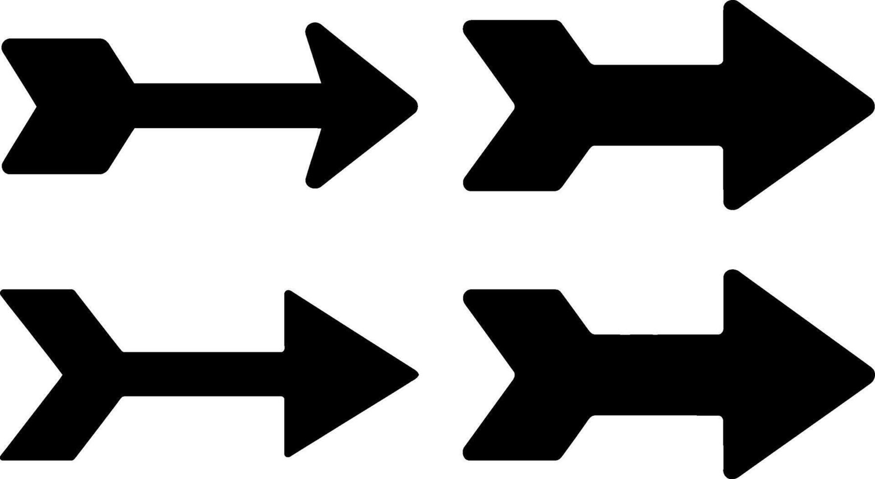 Four black arrows pointing rightward various sizes and styles simple graphic elements vector