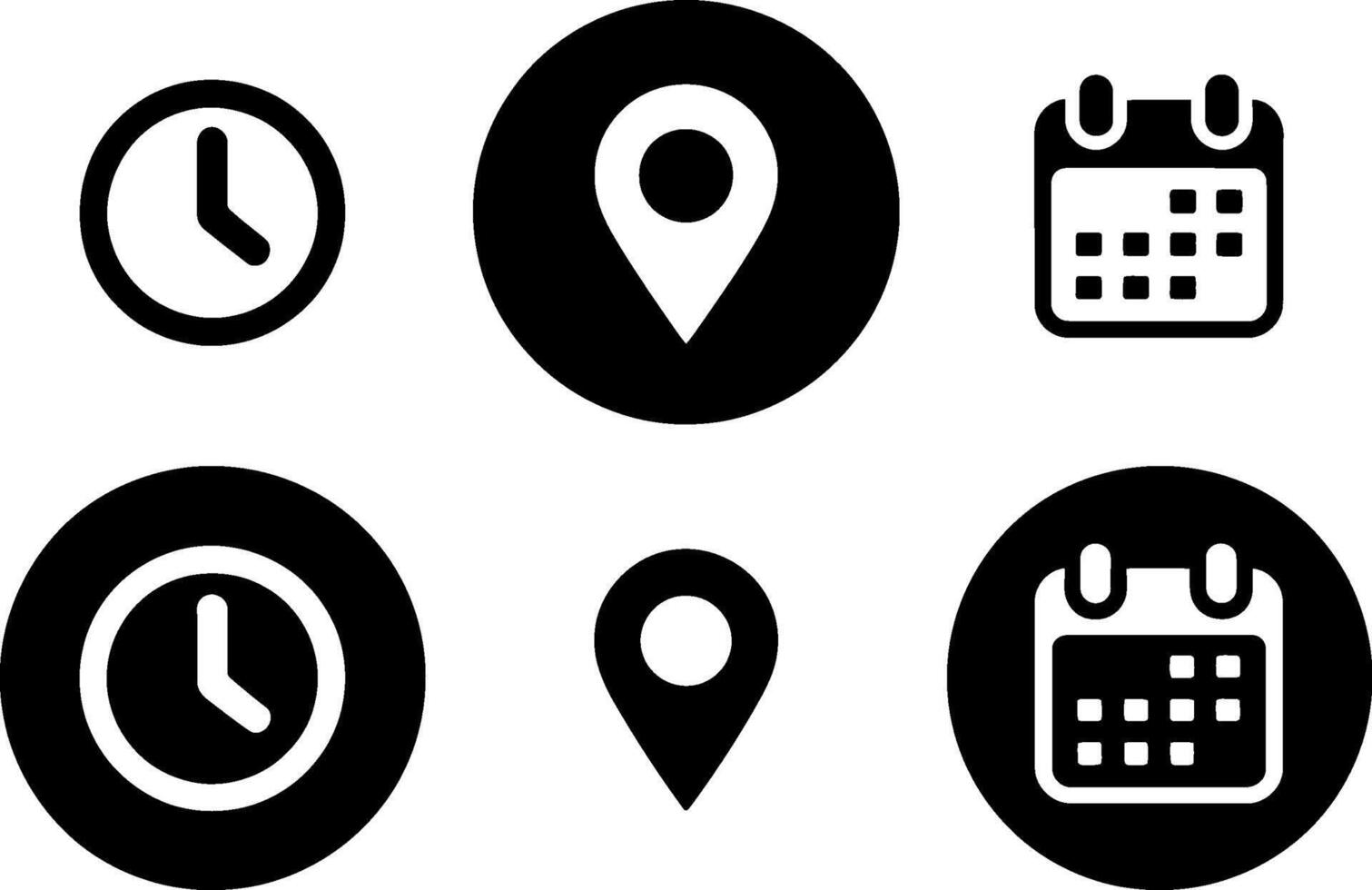 Simple circular icons set clock location pin calendar time management event planning graphics vector