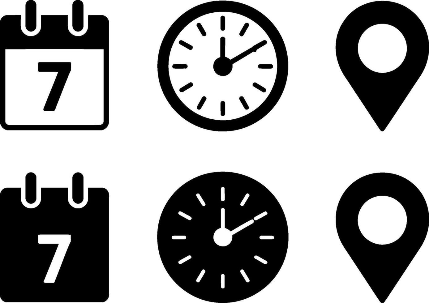 Set of six calendar clock and location pin icons for planning and navigation assistance vector